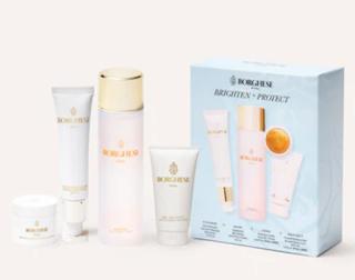 The Borghese Brighten & Protect Gift Set, with its Gel Delicato Makeup Remover, Radiante Mask, ENERGIA Vitamin Toner, and Tinted Moisturizer SPF 20, artistically displayed, symbolizing skincare defense and radiance.