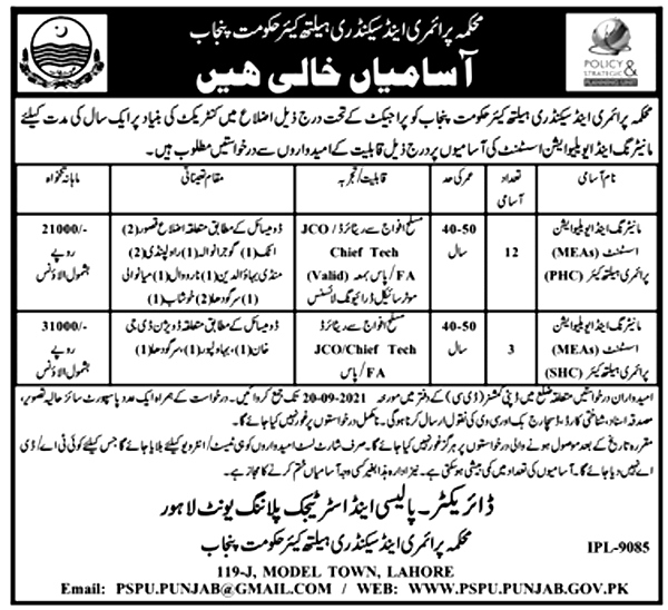Latest Jobs in Primary and Secondary Healthcare Department Punjab 2021