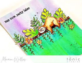 #cardbomb, #mariawillis, #tonicstudios, #tonicstudiosusa, Sammy Takes It Easy, #nuvo, aqua flow pens, #watercolor, sloth, art, #handmadecards, #handmade, #color, diy, #card, #stamp, #ink, #paper, 