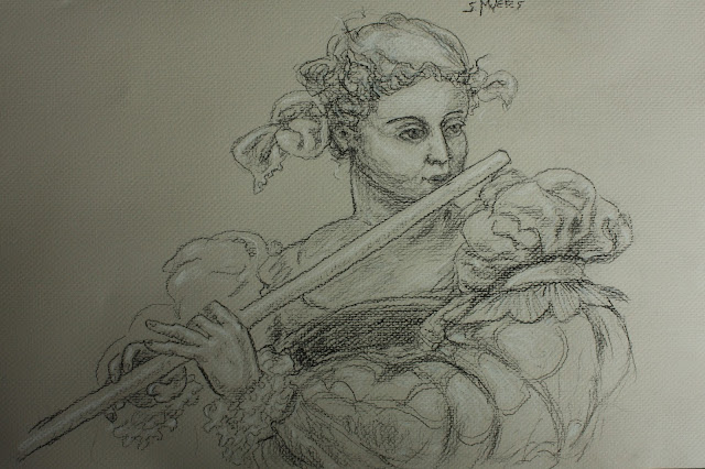 Flautist, music, flute, Sarah, Myers, charcoal, drawing, conte, shading, figurative, woman, classic, tobias, stimmer, sixteenth, century, musical, study, art, arte