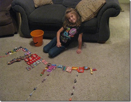 Organizing her candy stash!