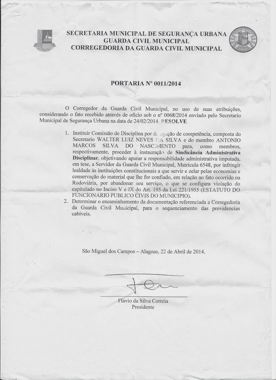 Corregedoria da Guarda Civil Municipal - Portaria  Nº 0011/2014