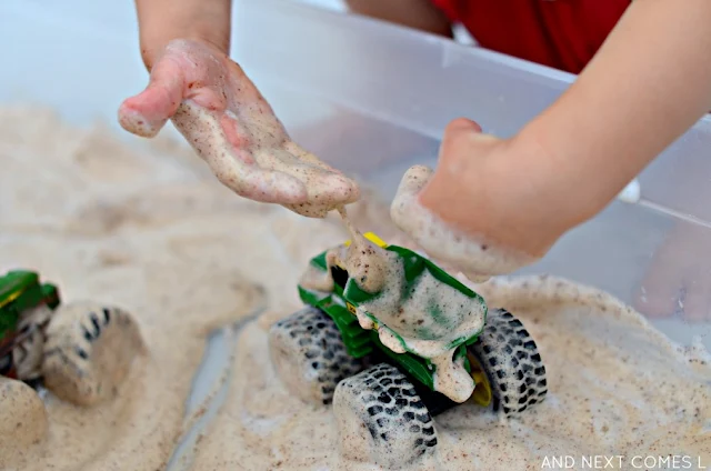 Cinnamon soap foam sensory play idea for kids from And Next Comes L