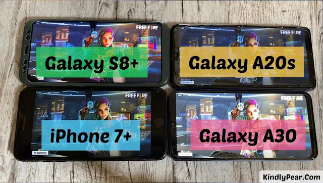 مقارنة بين iPhone 7 plus vs Galaxy s8 plus vs Galaxy A20s vs Galaxy A30 التحديث الجديد من لعبة Freefire