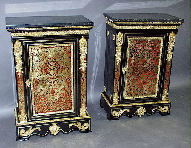 Pair of French 19th Century Napoleon III Ebonized and Ormolu Mounted Single-Front-Door "Boulle" Style Side Cabinets with Marble top. 