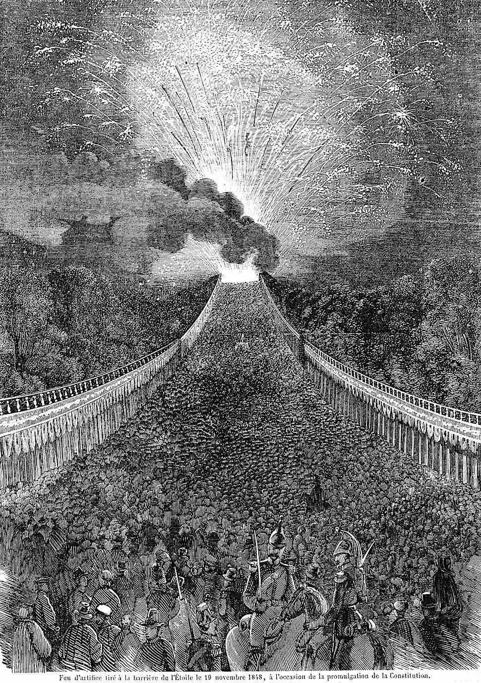 an 1848 fireworks crowd on a bridge illustration