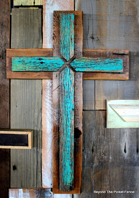 rustic cross, barnwood, reclaimed wood, Easter decor, spring sign, http://bec4-beyondthepicketfence.blogspot.com/2016/02/more-rustic-crosses-and-finding-waldo.html