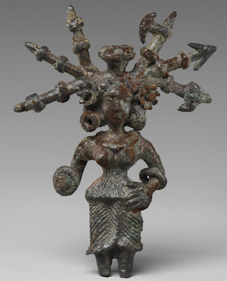 Bronze goddess with weapons in her hair from Kosambi, 2nd century BCE