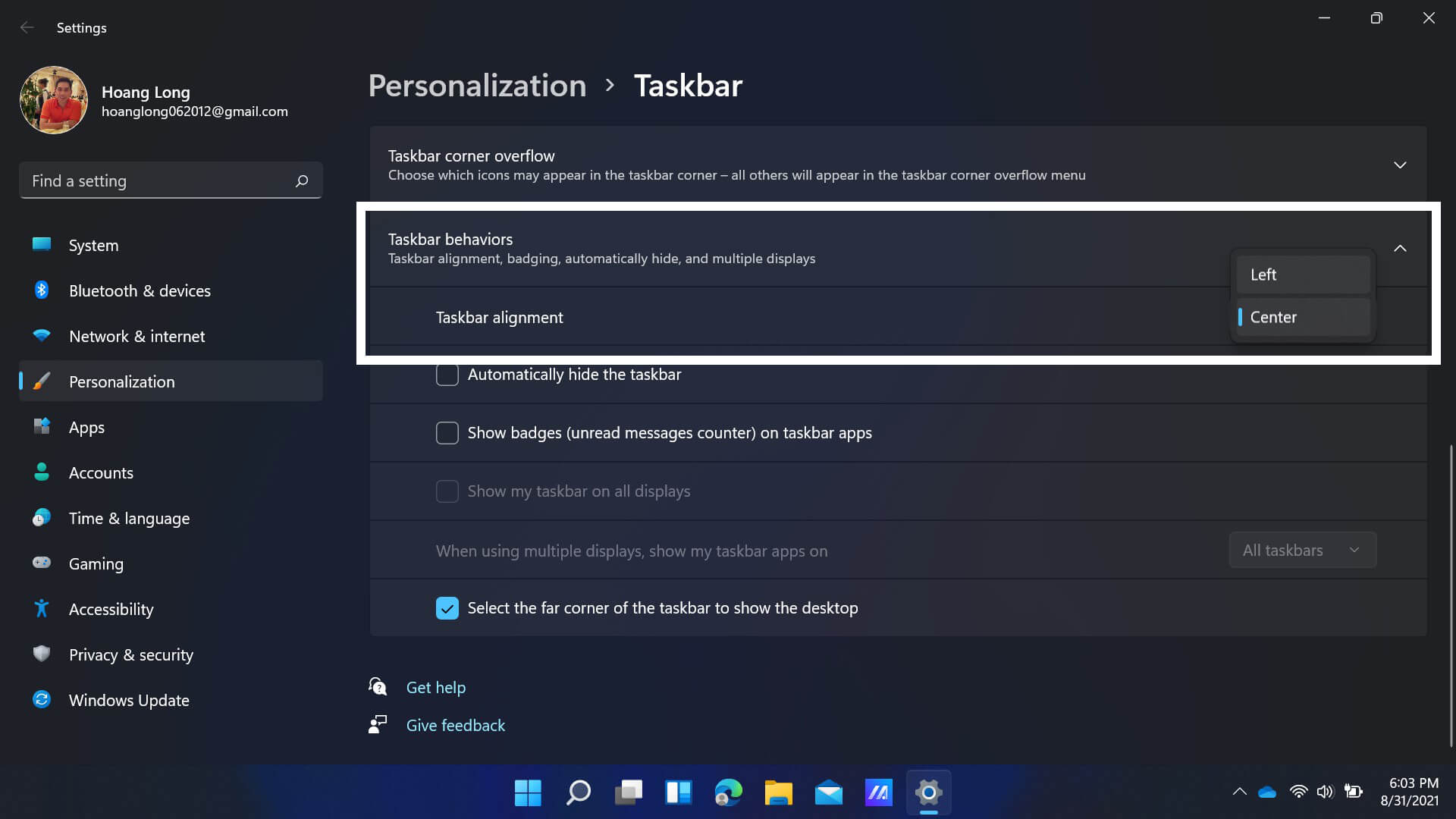 Đưa nút Start Windows 11 trên Taskbar sang trái