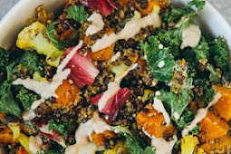 Roasted Veggie & Quinoa Salad with Tahini Garlic Dressing