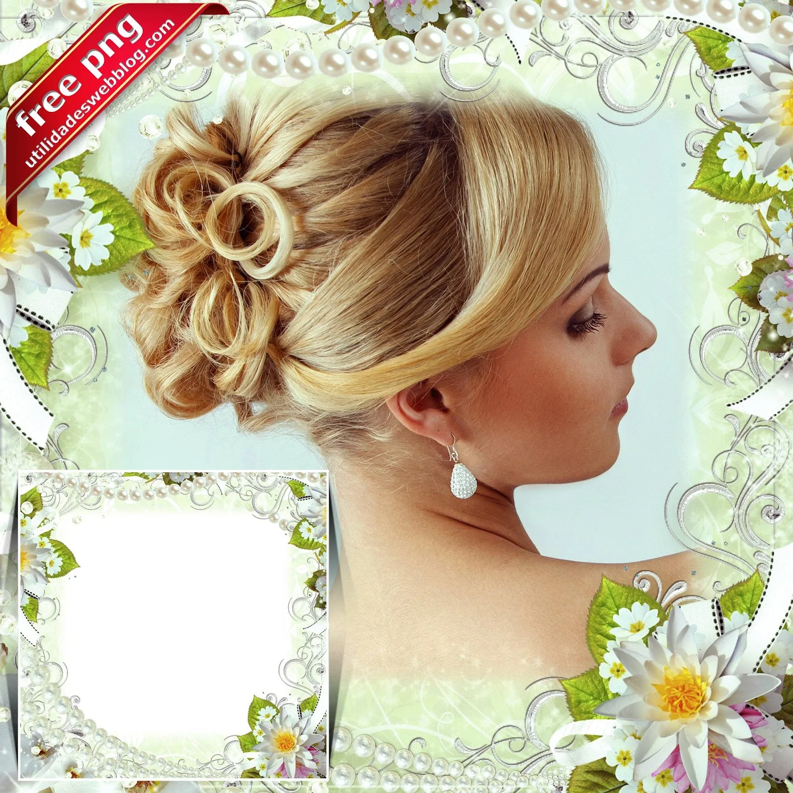 Marco elegante de boda con flores blancas, perlas y listones, perfecto para inmortalizar el amor en el gran día.