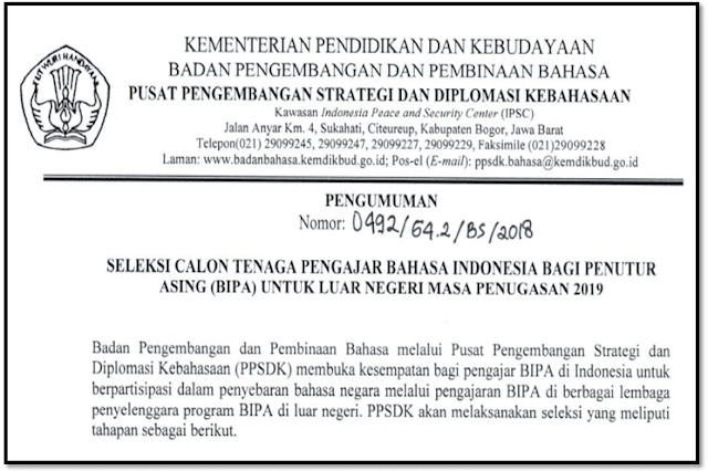 Download Seleksi Calon Tenaga Pengajar Bahasa Indonesia Bagi Penutur Asing (BIPA) Untuk Luar Negeri Masa Penugasan 2019