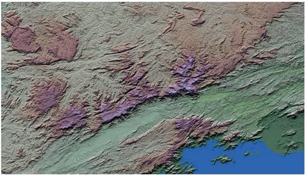 Observe a imagem de radar a seguir, que corresponde a um amplo trecho da Região Sudeste do Brasil. Essa imagem, um recurso muito importante para estudos geográficos regionais, apresenta um conjunto de características que permitem compreender diversos elementos das paisagens.