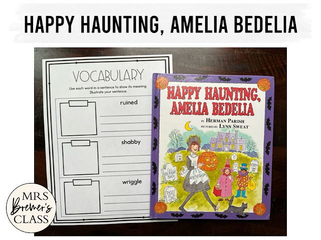 Happy Haunting Amelia Bedelia book activities unit with literacy printables, reading companion activities, and lesson ideas for Halloween in First Grade and Second Grade