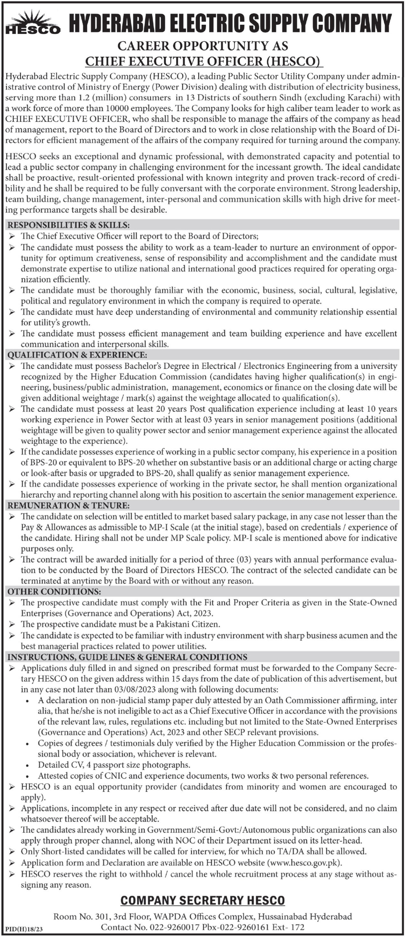 Jobs in Hyderabad Electric Supply Company HESCO