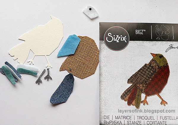 Layers of ink - Winter Bird Tutorial by Anna-Karin Evaldsson. Die cut the bird from fabric.