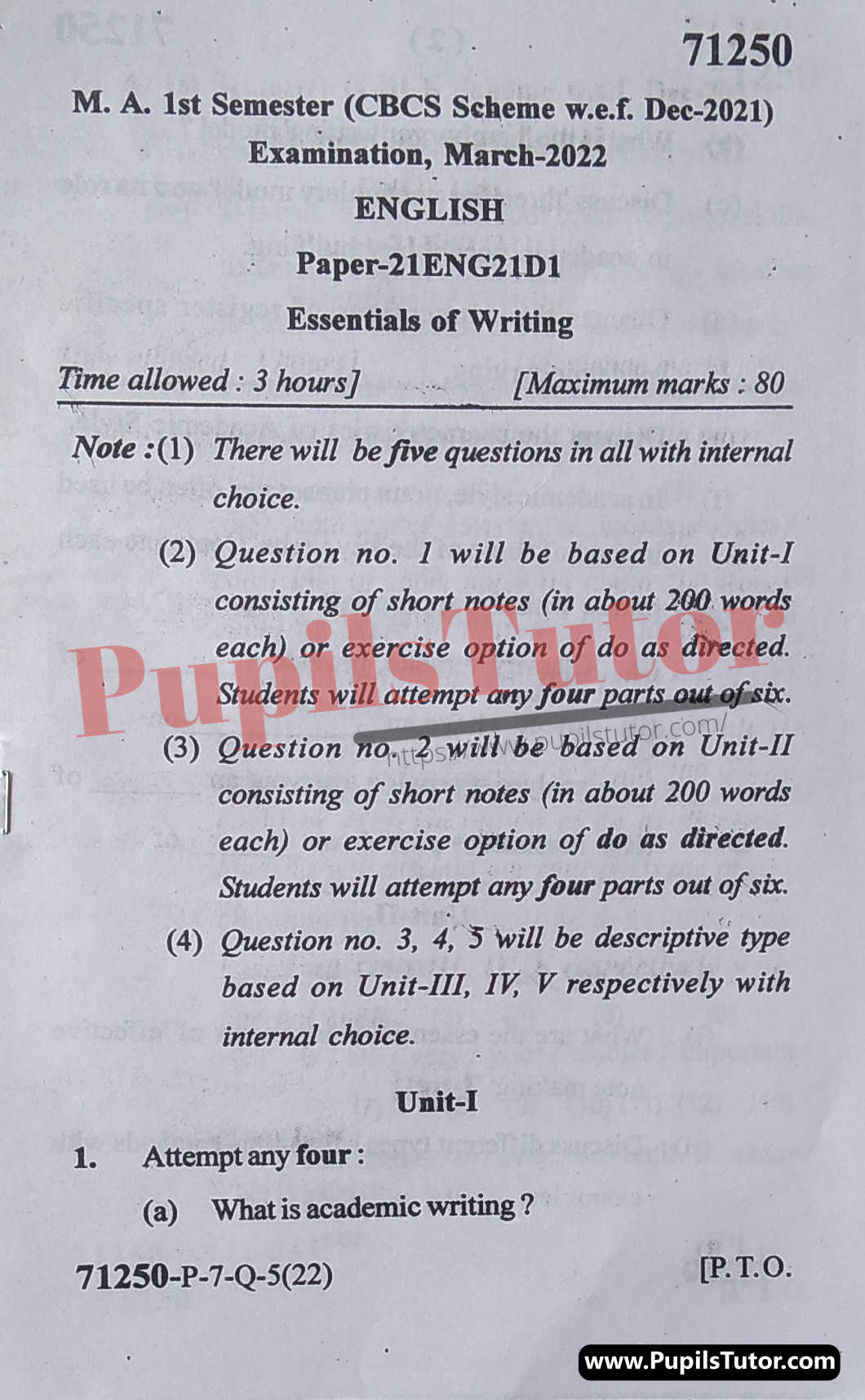 MDU (Maharshi Dayanand University, Rohtak Haryana) MA English CBCS Scheme First Semester Previous Year Essentials Of Writing Question Paper For March, 2022 Exam (Question Paper Page 1) - pupilstutor.com