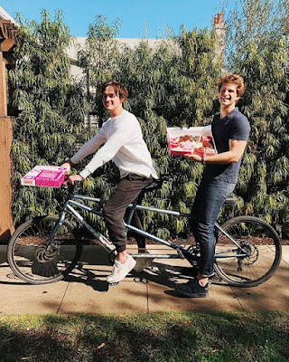 Tyler Blackburn & Keegan Allen bromance Valentine's Day Dunkin Donuts & tandem bike