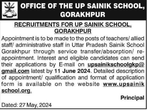 UP Sainik School Vacancy 2024