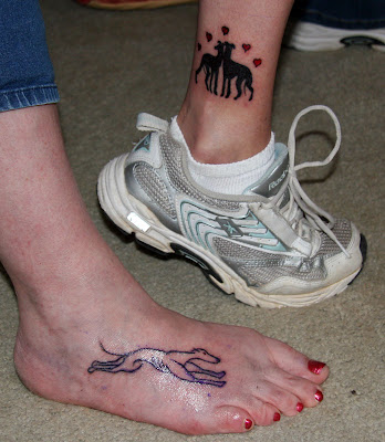 ankle tattoos. Debbie got the two greyhounds with hearts on her ankle.