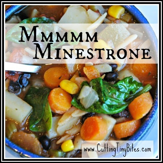 Minestrone soup full of vegetables.  Add a hearty loaf of bread for a healthy vegetarian weeknight supper.