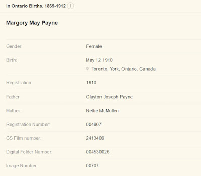 Screen capture from MyHeritage from the Ontario Births, 1869-1912 collection for Margory May Payne, born 12 May 1910.