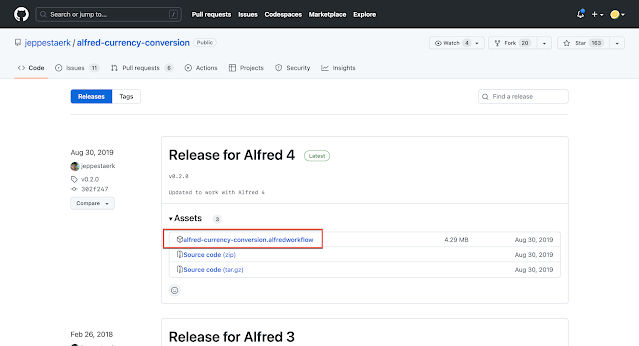 到作者 GitHub 網頁的 Releases 下載安裝檔案 alfred-currency-conversion.alfredworkflow