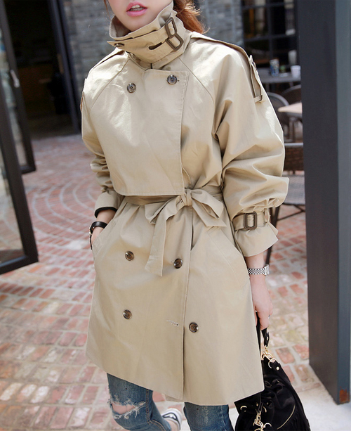 Earth Tone Funnel Neck Trench Coat