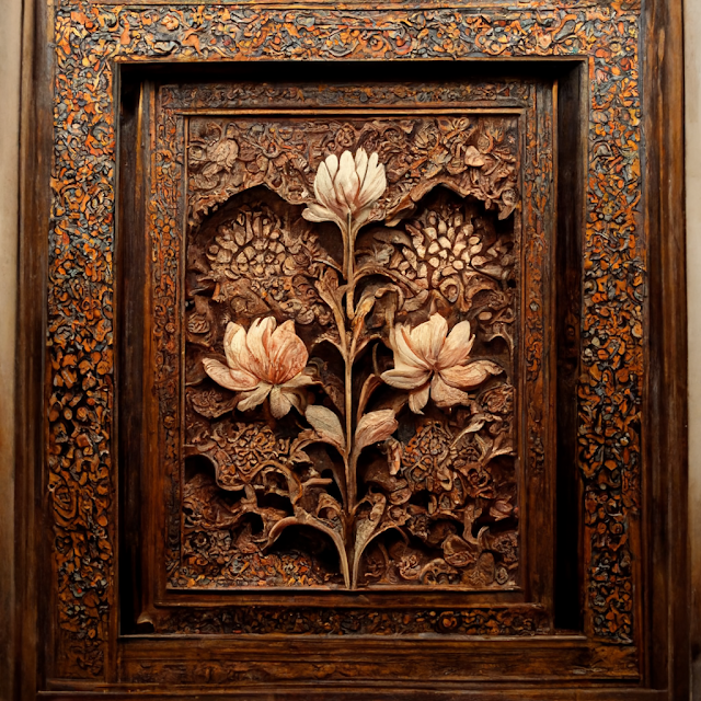 Indian Decorative Floral Pattern Carved in mahogany wood panel