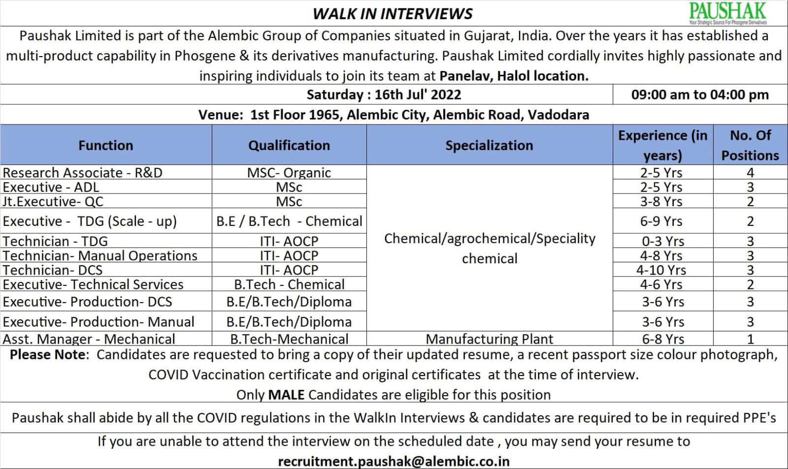Job Available's for Paushak Ltd Walk-In Interview for MSc Organic Chemistry/ ITI AOCP/ BE/ B Tech Chemical/ Mechanical/ Diploma