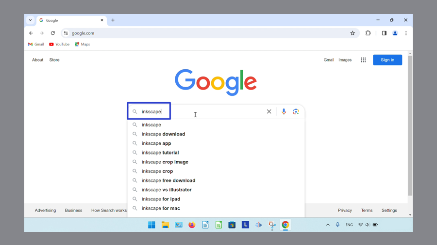A blue rectangle surrounds the text of "inkscape" in the search bar of the google.com search engine website.