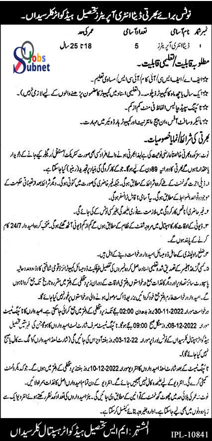 Tehsil Headquarter Hospital THQ Govt Jobs 2022