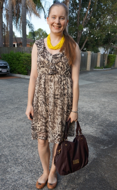 animal print dress in the office with bold yellow statement necklace and macrc jacobs fran bag | away from blue