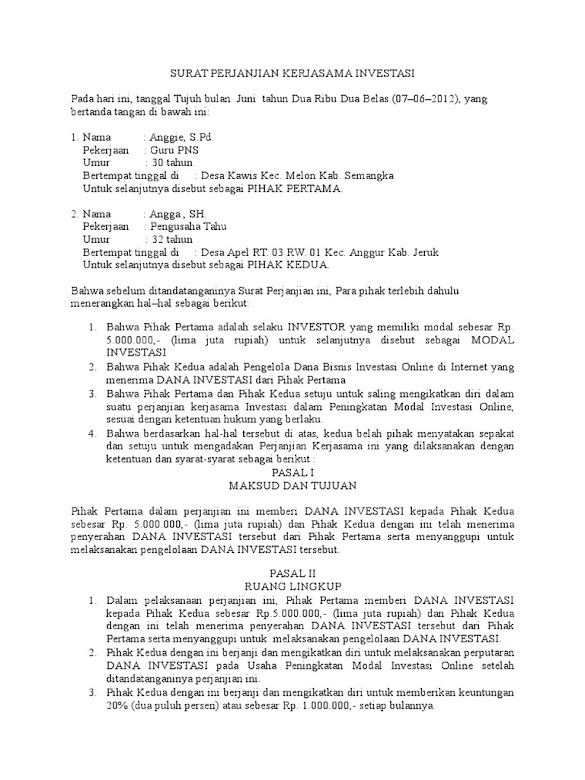 Bagi Hasil Contoh Surat Perjanjian Kerjasama Usaha Perorangan : Contoh Surat Perjanjian Kontrak Kerjasama Investasi / Assalamualaikum pak, mau tanya 1.