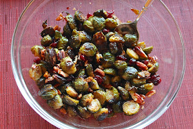 Roasted Brussels Sprouts with Cranberries and Toasted Pecans