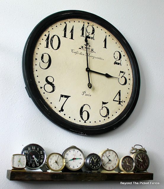 clock collection, wall shelf, level, DIY, http://bec4-beyondthepicketfence.blogspot.com/2016/04/level-shelf.html