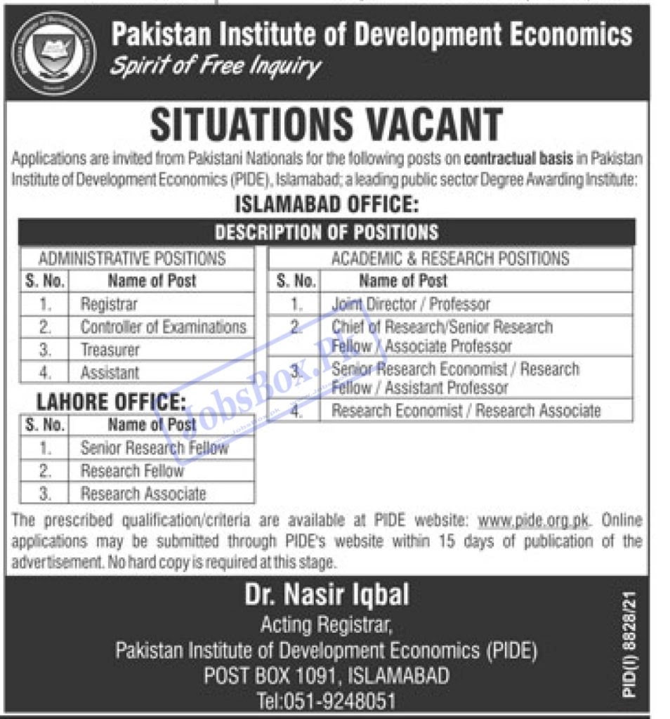 PIDE Jobs 2022 - Pakistan Institute of Development Economics Jobs 2022 - www.pide.org.pk Jobs 2022