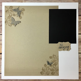 This 12x12 Scrapbook Page uses Stampin' Up!'s Kinda Eclectic and All Things Thanks stamp set.  We also used the Elegant Butterfly and Decorative Label Punch.  The colors are Whisper White, Crumb Cake, and Basic Black.  #stampinup #stamptherapist www.stampwithjennifer.blogspot.com