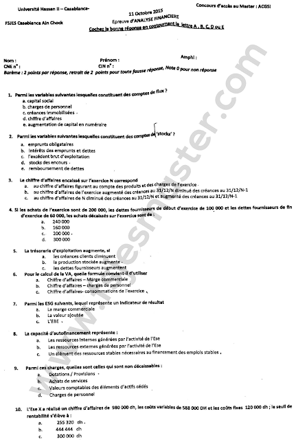 Exemple Concours Master Audit Contrôle de Gestion et Système d'Information (ACGSI) 2015-2016 - Fsjes Ain Chock