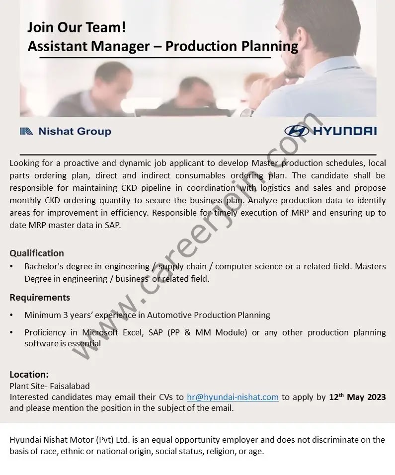 Hyundai Nishat Motor Pvt Ltd Jobs Assistant Manager Production Planning