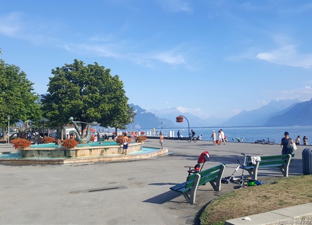 Kids are swimming in the small circular pool or fountain at the Jardin du Rivage in Vevey.