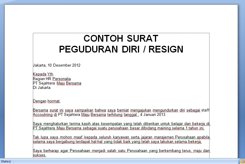 CONTOH SURAT PENGUNDURAN DIRI / RESIGN TERBAIK