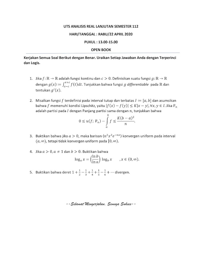 Pembahasan Soal UTS Analisis Real Lanjut Semester 112 Pascasarjana Pend. Matematika UNJ