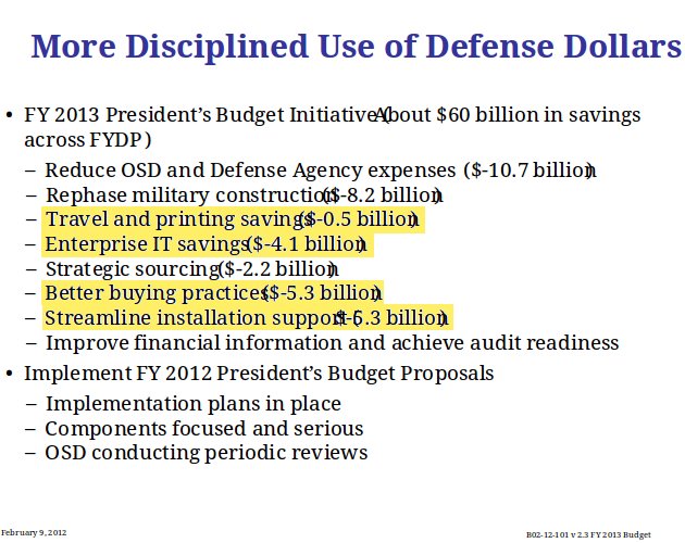 Note the items I've highlighted in yellow They are all savings the Pentagon