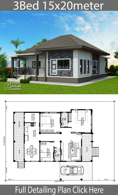 แปลนบ้านชั้นเดียว 3 ห้องนอน