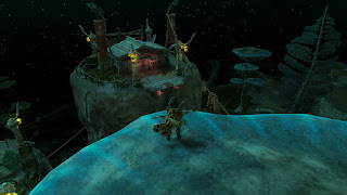 a wooden Yiga building on a rock in the Depths