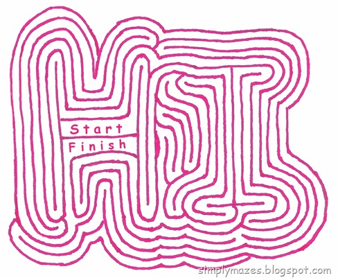 Maze Number 76: "Hi".  A printable pink word maze.