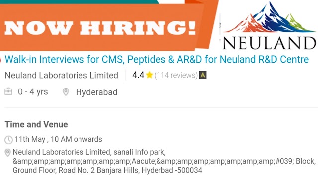 Neuland Laboratories | Walk-in interview for AR&D | 11th May 2019 | Hyderabad