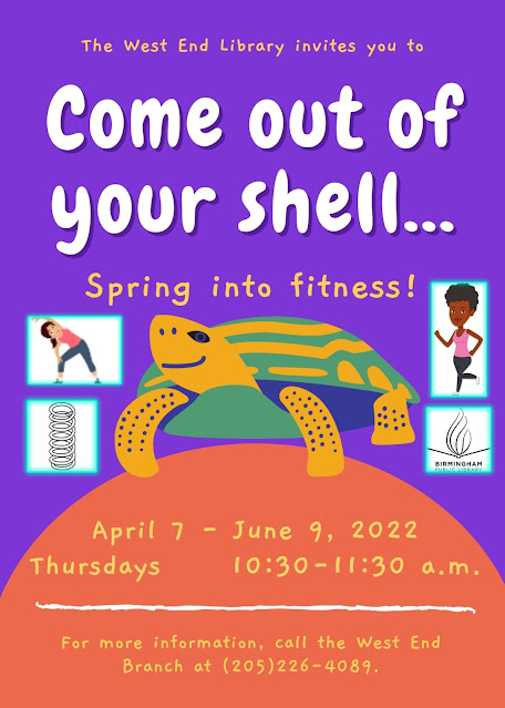 Spring into Fitness flyer featuring a drawing of a turtle against a purple background