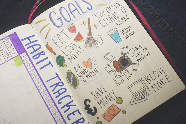 July 2017 bullet journal set up habit tracker and goals page inspiration